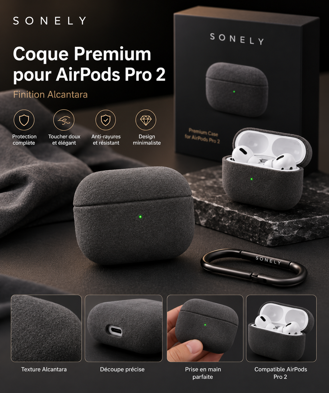 Coque Alcantara AirPods Pro 2 Sonely — Détails finition et compatibilité