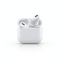AirPods Pro 2 blancs avec boîtier de charge ouvert, fond blanc pur, éclairage studio