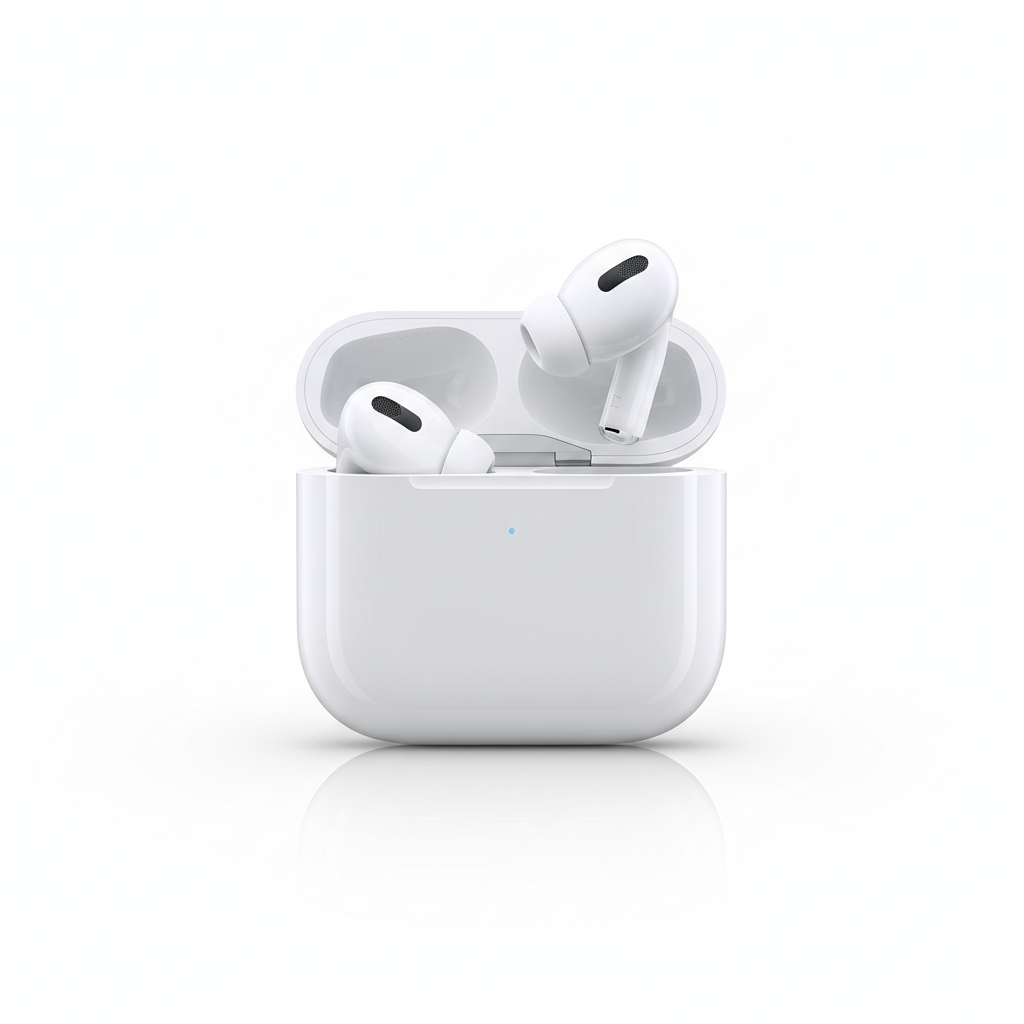 AirPods Pro 2 blancs avec boîtier de charge ouvert, fond blanc pur, éclairage studio