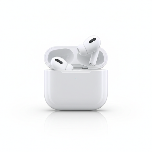 AirPods Pro 2 blancs avec boîtier de charge ouvert, fond blanc pur, éclairage studio